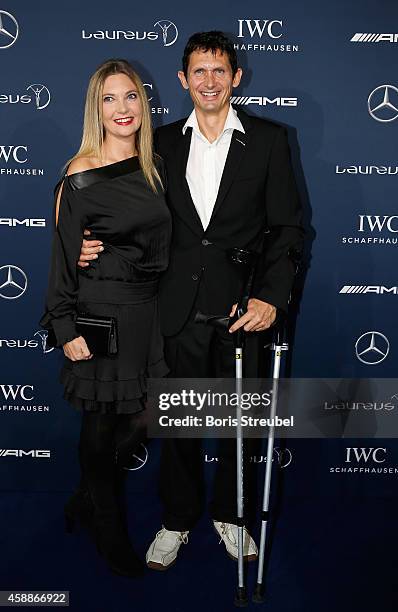 Laureus Ambassador Michael Teuber and his wife Susanne Teuber pose prior to the Laureus Media Award 2014 at Grand Hyatt Hotel on November 12, 2014 in...