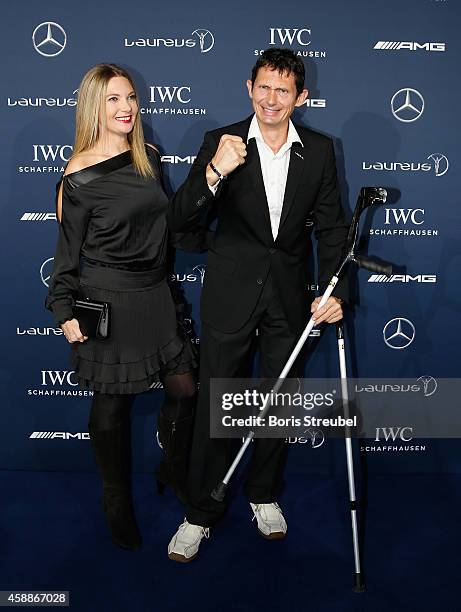 Laureus Ambassador Michael Teuber and his wife Susanne Teuber pose prior to the Laureus Media Award 2014 at Grand Hyatt Hotel on November 12, 2014 in...