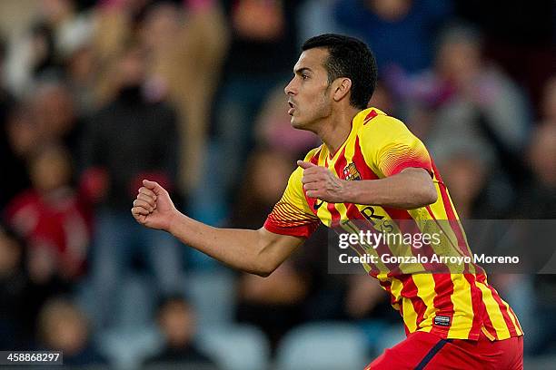 Pedro Rodriguez Ledesma of FC Barcelona celebrates scoring their third goal during the La Liga match between Getafe CF and FC Barcelona at Coliseum...