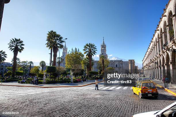 arequipa cathedral in the town square plaza de armas - plaza de armas stock pictures, royalty-free photos & images