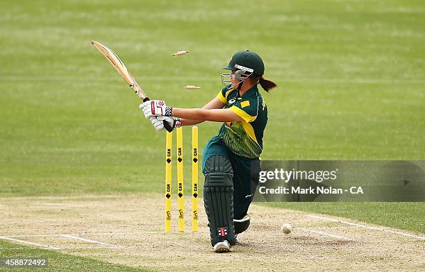 Jess Jonassen of Australia is bowled during game two of the women's international one day series between Australia and the West Indies at Hurstville...