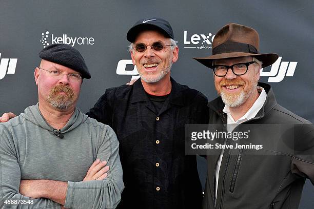 Mythbusters Co-Host Jamie Hyneman, Adobe Senior Creative Director Russell Brown and Mythbusters Co-Host Adam Savage attend the DJI Evolution Inspire...