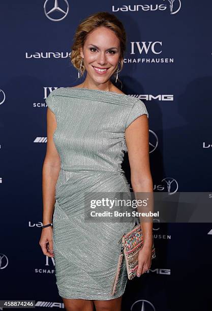 Austrian TV presenter Kathi Woerndl poses prior to the Laureus Media Award 2014 at Grand Hyatt Hotel on November 12, 2014 in Berlin, Germany.