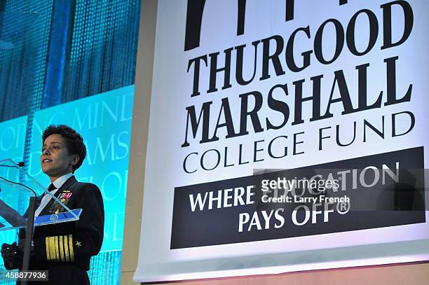 Vice Chief of Naval Operations, U.S. Navy, Admiral Michelle Howard speaks on stage at the Thurgood Marshall College Fund 26th Awards Gala at...