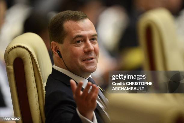 Russia's Prime Minister Dmitry Medvedev attends the East Asia Summit Plenary Session at the Myanmar International Convention Center in Myanmar's...