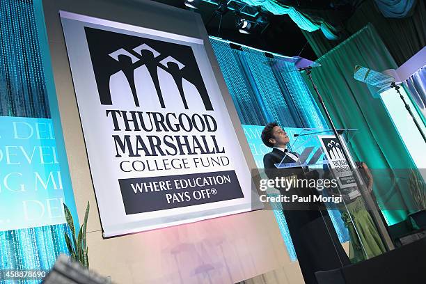 Vice Chief of Naval Operations, U.S. Navy, Admiral Michelle Howard speaks on stage at the Thurgood Marshall College Fund 26th Awards Gala at...