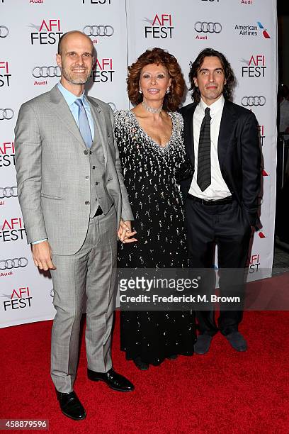 Director Edoardo Ponti, honoree Sophia Loren and conductor Carlo Ponti attend the special tribute to Sophia Loren during the AFI FEST 2014 presented...