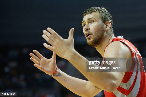 Donatas Motiejunas of Houston Rockets reacts during a match between Minnesota Timberwolves and Houston Rockets as part of 2014-15 NBA Season at Arena...