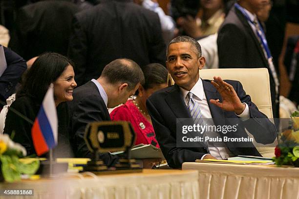 President Barack Obama talks with U.S ASEAN Ambassador Nina Hachigian on the second of the ASEAN summit on November 13, 2014 in Naypyidaw, Myanmar....