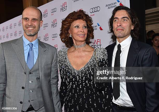 Director Edoardo Ponti, honoree Sophia Loren and conductor Carlo Ponti attend the special tribute to Sophia Loren during the AFI FEST 2014 presented...