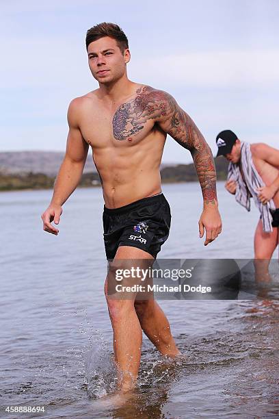 Jamie Elliott takes part in a recovery session during a Collingwood Magpies AFL Fitness Camp on November 14, 2014 in Falls Creek, Australia.