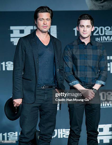 Actors Brad Pitt and Logan Lerman attend the 'Fury' press conference at Conrad Hotel on November 13, 2014 in Seoul, South Korea. The film will open...