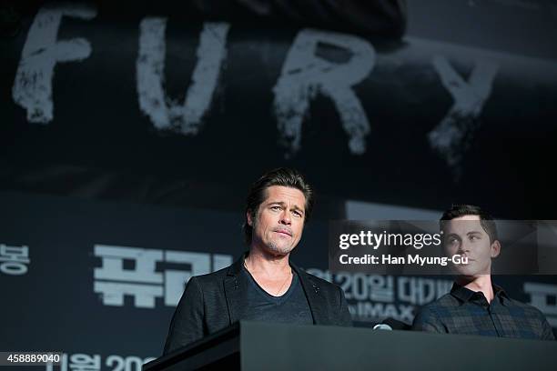 Actor Brad Pitt attends the 'Fury' press conference at Conrad Hotel on November 13, 2014 in Seoul, South Korea. The film will open on November 20, in...