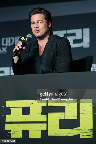 Actor Brad Pitt attends the 'Fury' press conference at Conrad Hotel on November 13, 2014 in Seoul, South Korea. The film will open on November 20, in...