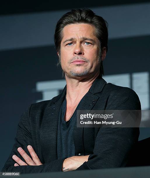 Actor Brad Pitt attends the 'Fury' press conference at Conrad Hotel on November 13, 2014 in Seoul, South Korea. The film will open on November 20, in...