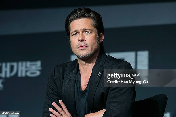 Actor Brad Pitt attends the 'Fury' press conference at Conrad Hotel on November 13, 2014 in Seoul, South Korea. The film will open on November 20, in...