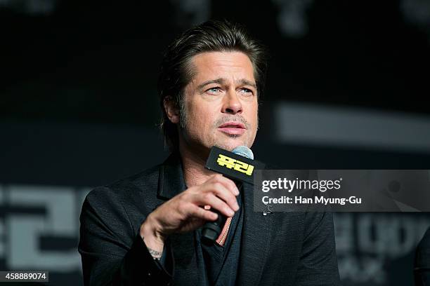 Actor Brad Pitt attends the 'Fury' press conference at Conrad Hotel on November 13, 2014 in Seoul, South Korea. The film will open on November 20, in...