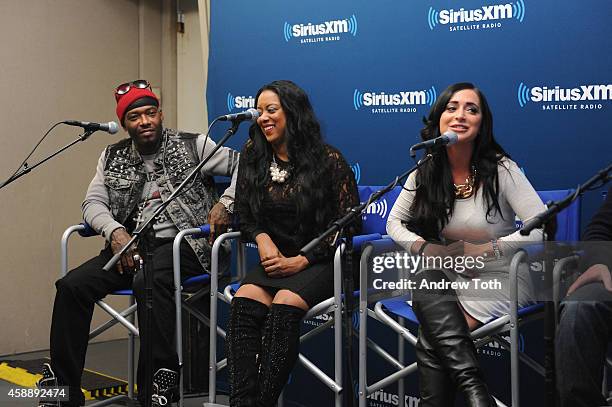 Rapper Treach Criss, Cicely Evans and Angelina Pivarnick attend Dr. Jenn Berman tapes "The Dr. Jenn Show" at SiriusXM Studios on November 11, 2014 in...