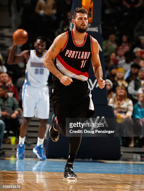 Joel Freeland of the Portland Trail Blazers plays against the Denver Nuggets at Pepsi Center on November 12, 2014 in Denver, Colorado. The Trail...