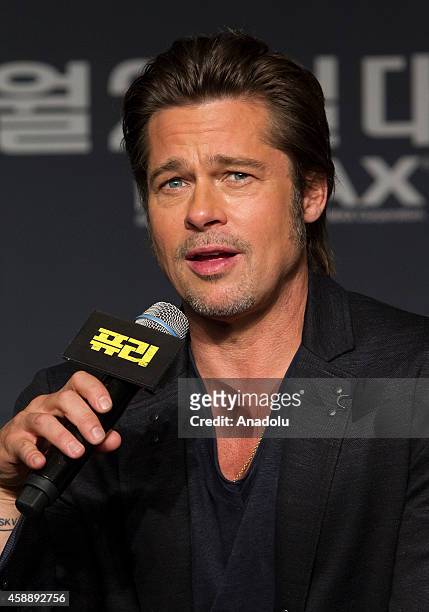 Actor Brad Pitt attends a press conference to promote his latest film 'Fury' at Conrad hotel on November 13, 2014 in Seoul, South Korea.