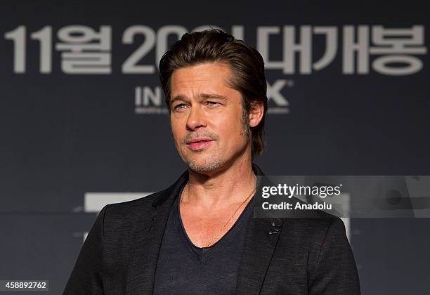 Actor Brad Pitt attends a press conference to promote his latest film 'Fury' at Conrad hotel on November 13, 2014 in Seoul, South Korea.