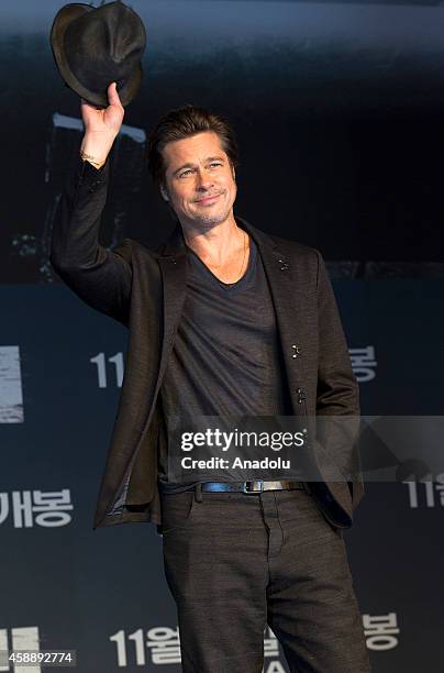 Actor Brad Pitt attends a press conference to promote his latest film 'Fury' at Conrad hotel on November 13, 2014 in Seoul, South Korea.