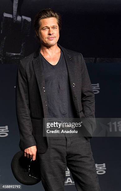 Actor Brad Pitt attends a press conference to promote his latest film 'Fury' at Conrad hotel on November 13, 2014 in Seoul, South Korea.