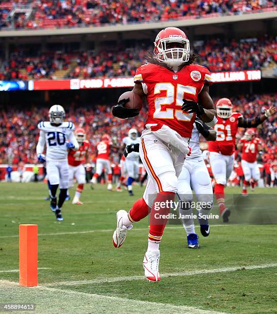 Running back Jamaal Charles of the Kansas City Chiefs carries the ball across the goal line for a touchdwon during the game against the Indianapolis...