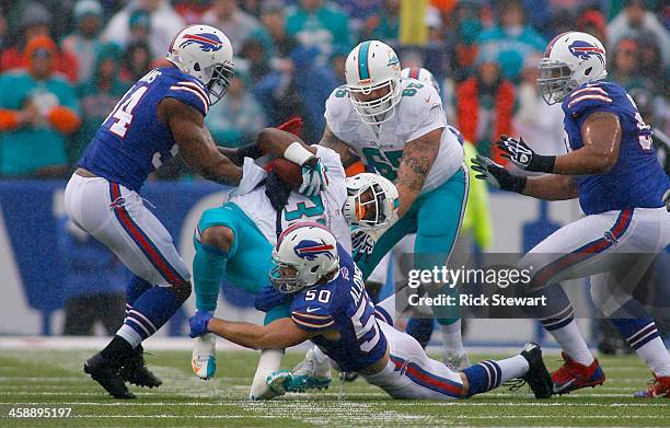 Daniel Thomas of the Miami Dolphins is tackled by Kiko Alonso of the Buffalo Bills at Ralph Wilson Stadium on December 22, 2013 in Orchard Park, New...