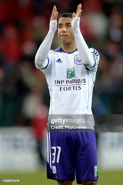 Youri Tielemans of RSC Anderlecht greets the fans during the Jupiler League match between Standard Liege and RSC Anderlecht on December 22, 2013 in...