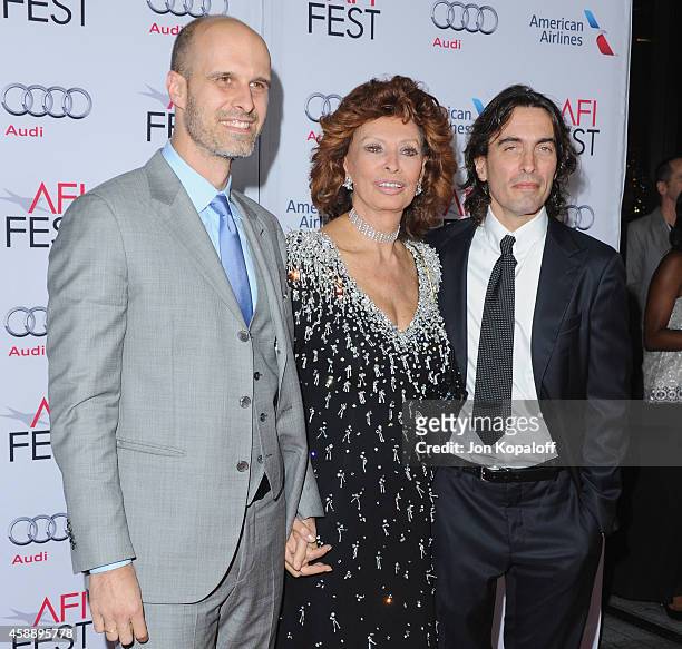 Edoardo Ponti, Sophia Loren and Carlo Ponti Jr. Arrive at AFI FEST 2014 Presented By Audi A Special Tribute To Sophia Loren at Dolby Theatre on...