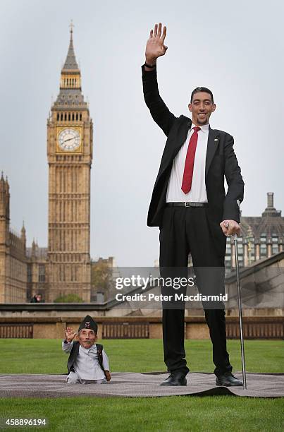 The shortest man ever, Chandra Bahadur Dangi meets the worlds tallest man, Sultan Kosen for the very first time on November 13, 2014 in London,...