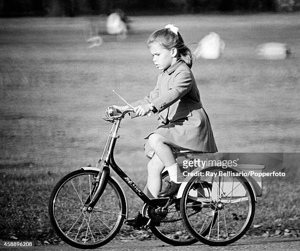 Lady Sarah-Armstrong, daughter of Princess Margaret and Anthony Armstrong-Jones, riding her tricycle in Kensington Gardens in London on 15th October...