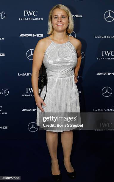 Verena Bentele, Paralympic biathlete and cross-country skier of Germany pose prior to the Laureus Media Award 2014 at Grand Hyatt Hotel on November...