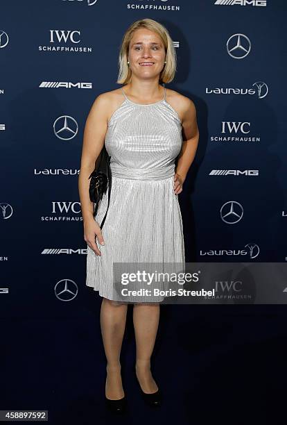 Verena Bentele, Paralympic biathlete and cross-country skier of Germany pose prior to the Laureus Media Award 2014 at Grand Hyatt Hotel on November...