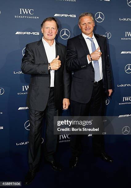 Laureus ambassadors Franz Klammer and Stefan Bloecher pose prior to the Laureus Media Award 2014 at Grand Hyatt Hotel on November 12, 2014 in Berlin,...