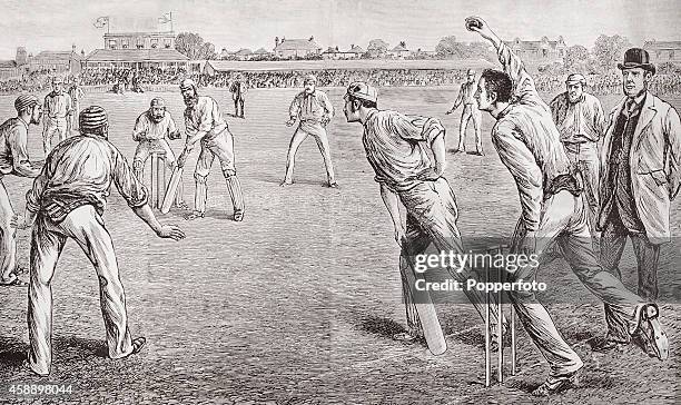 Vintage illustration featuring Fred Spofforth of Australia, known as "The Demon Bowler", bowling to Dr WG Grace of England during the Test Match at...