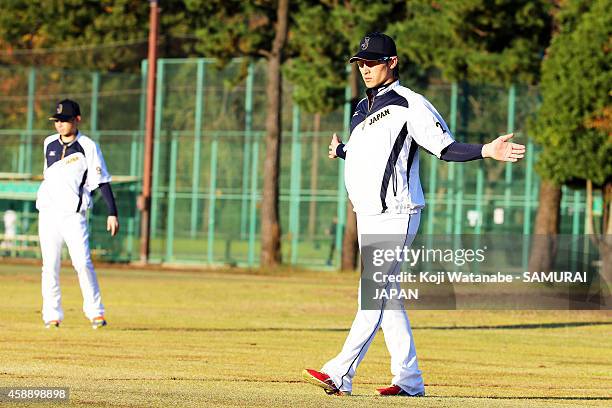 Catcher Hikaru Ito of Samurai Japan in action during a training session at Jing Gaien Field on November 13, 2014 in Tokyo, Japan.