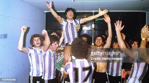 Argentina captain Diego Maradona celebrates on the shoulders of team mates after they had beaten Russia 3-1 to win the 1979 FIFA World Youth...