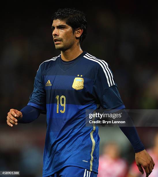 Ever Banega of Argentina looks on during the International Friendly between Argentina and Croatia at Boleyn Ground on November 12, 2014 in London,...