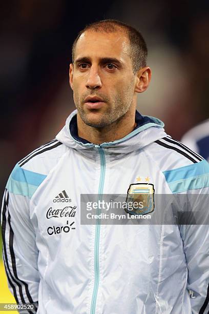 Pablo Zabaleta of Argentina stands during the playing of national anthems prior to the International Friendly between Argentina and Croatia at Boleyn...