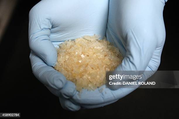 Parts of 4 kilograms confiscated crystal meth drug is displayed to journalists during a press conference at the German federal police headquarters in...