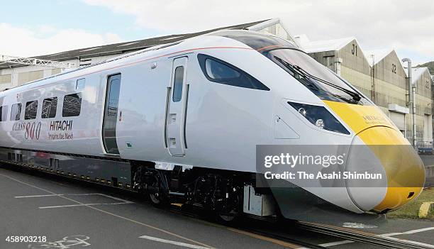 Hitachi's Class 800 series trains is unveiled at their Kasado Works on November 13, 2014 in Kudamatsu, Yamaguchi, Japan. 12 trains are manufactured...