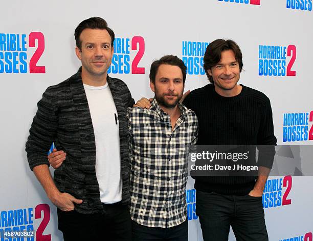 Jason Sudeikis, Charlie Day and Jason Bateman attend the "Horrible Bosses 2" photocall at Corinthia Hotel London on November 13, 2014 in London,...