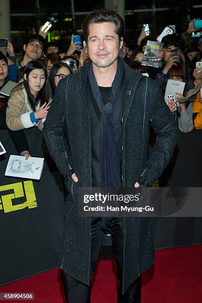 Actor Brad Pitt attends the 'Fury' Seoul Premiere at Times Square on November 13, 2014 in Seoul, South Korea. The film will open on November 20, in...