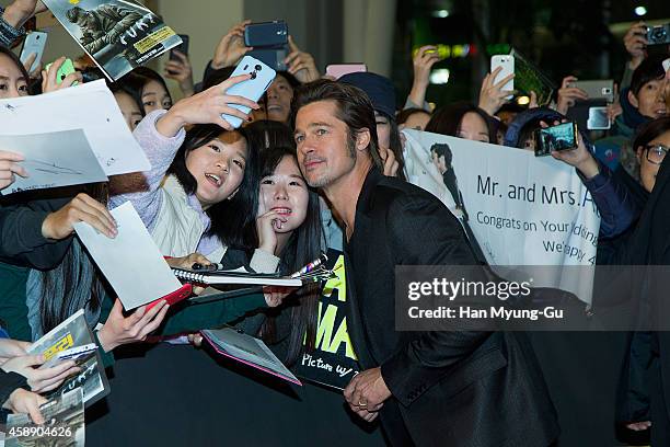 Actor Brad Pitt attends the 'Fury' Seoul Premiere at Times Square on November 13, 2014 in Seoul, South Korea. The film will open on November 20, in...