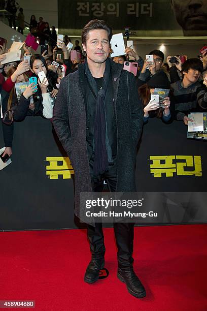 Actor Brad Pitt attends the 'Fury' Seoul Premiere at Times Square on November 13, 2014 in Seoul, South Korea. The film will open on November 20, in...