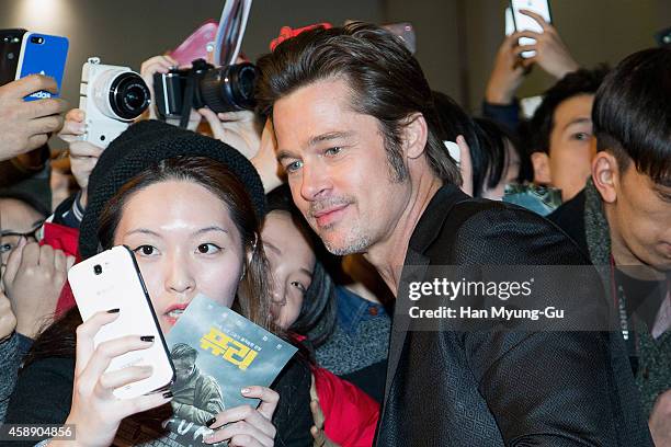 Actor Brad Pitt attends the 'Fury' Seoul Premiere at Times Square on November 13, 2014 in Seoul, South Korea. The film will open on November 20, in...