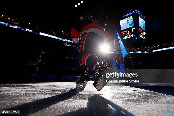 Cal Clutterbuck of the New York Islanders takes the ice prior to the game against the Winnipeg Jets at Nassau Veterans Memorial Coliseum on October...