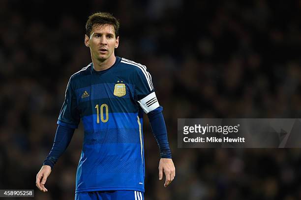 Lionel Messi of Argentina looks on during an International Friendly between Argentina and Croatia at Boleyn Ground on November 12, 2014 in London,...